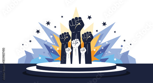 Silhouetted raised fists on a podium against a dynamic background of blue and yellow starbursts, representing victory and empowerment.
