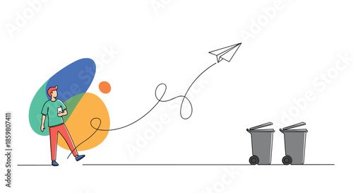 Line art of a man launching a paper airplane towards recycling bins, symbolizing the journey of ideas and sustainable practices.