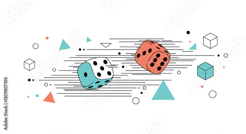 Two dice rolling through the air on an abstract background with dynamic lines and scattered geometric shapes in a memphis style.