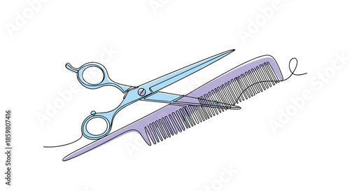 Continuous one-line drawing of professional hairdressing scissors and a comb, with blue and purple color accents for a stylish look.