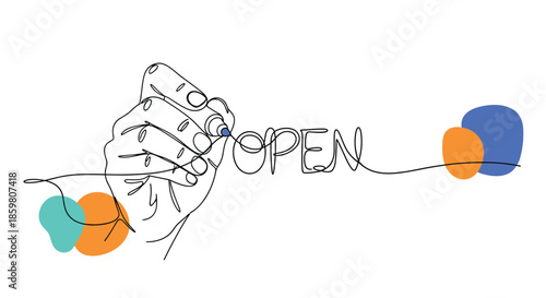 Continuous one-line drawing of a hand writing the word 'OPEN' with a marker, accented by colorful abstract background shapes.