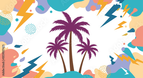 Vibrant and abstract summer background with purple palm trees framed by colorful fluid shapes, dots, and lightning bolts.