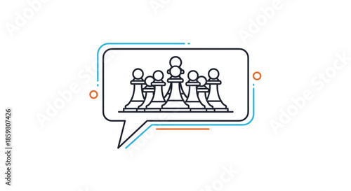 Line art icon illustrating strategic communication or group discussion, featuring chess pawns arranged inside a rectangular speech bubble with accents.