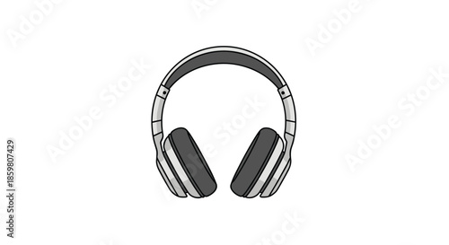Simple and clean vector illustration of modern grey and white over-ear headphones for listening to music, podcasts, or audio on a white background.
