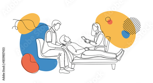Continuous line art illustration of a psychotherapy session with a patient lying on a couch talking to two therapists against abstract color shapes.