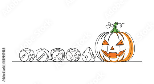 Continuous one-line drawing of a Halloween jack-o-lantern pumpkin next to a row of various tabletop gaming dice for a spooky game night.