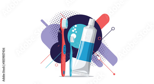 Vibrant flat design illustration for dental care, featuring a red toothbrush, a blue toothbrush, and a tube of toothpaste on a colorful abstract background.