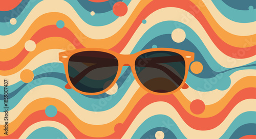 Stylish orange sunglasses on a groovy retro 70s background with colorful psychedelic waves and dots, evoking a fun summer vibe.
