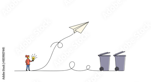 Conceptual line drawing illustrating innovation and avoiding bad ideas, showing a person turning a lightbulb idea into a paper plane flying over trash cans.