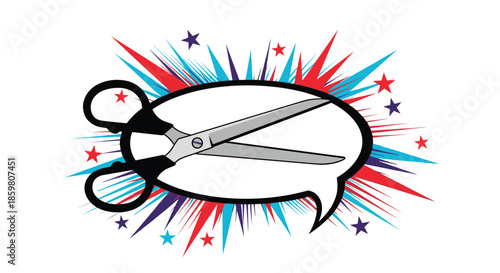 Pop art comic book style illustration of scissors inside a speech bubble, symbolizing cutting words, censorship, or a sharp comment.