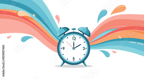 Cheerful vector illustration of a blue twin bell alarm clock set against a background of colorful, dynamic waves and fluid splashes.