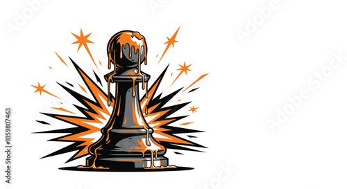 Striking vector illustration of a shiny black chess pawn melting with orange drips against a dynamic orange starburst explosion on white.