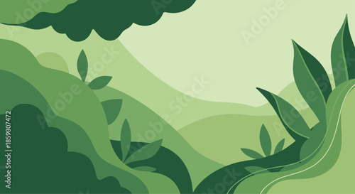 Abstract background of a lush green forest landscape with layered hills and tropical leaves, creating a sense of depth and nature.