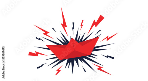 Dynamic illustration of a red origami paper boat with an explosive burst of energy and red lightning bolts, symbolizing a bold launch or crisis.