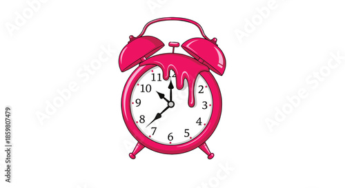 Surreal illustration of a classic pink twin bell alarm clock melting and dripping, symbolizing the fluid or fleeting nature of time.