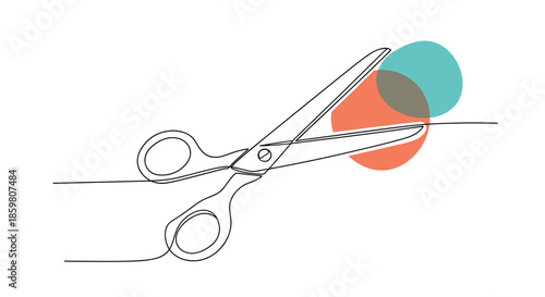 Minimalist continuous one-line art of scissors cutting a line, with overlapping abstract color circles symbolizing a decision or separation.