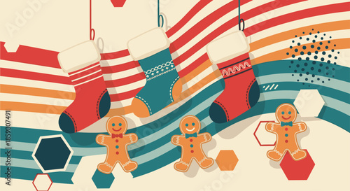 Festive Christmas scene with hanging holiday stockings and cheerful gingerbread men on a colorful retro background with wavy stripes and hexagons.