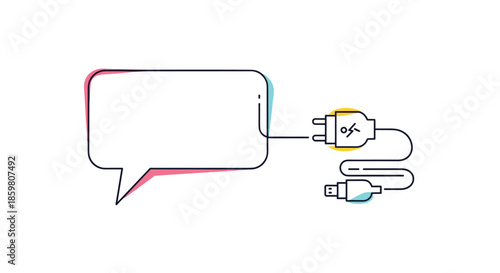 Conceptual line art showing a blank speech bubble connected to a power outlet via a USB charger, symbolizing charging a conversation or idea.