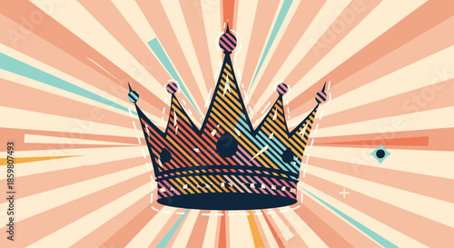 Stylized pop art illustration of a royal crown with colorful stripes and textures set against a retro sunburst or radial lines background.
