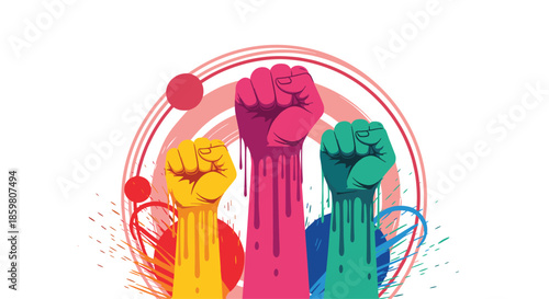 Vibrant and artistic illustration of three colorful raised fists with dripping paint effects, symbolizing creative protest, unity, and empowerment.