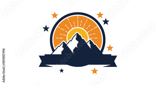 Adventure or travel logo template featuring silhouetted mountains, a rising sun, stars, and a blank ribbon banner for custom text.