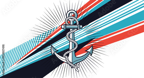Vintage nautical illustration of a ship's anchor with rope set against a dynamic background with diagonal stripes and radial lines.