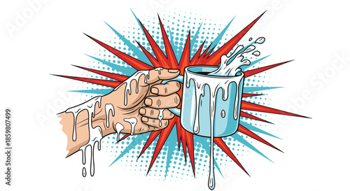 Pop art comic book illustration of a hand holding a mug with liquid splashing out, set against a red and blue starburst background.