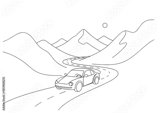 Car on mountain road line art in black and white