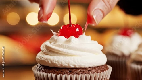 Decorating a cupcake with whipped cream and cherry with bokeh background for food and dessert concepts