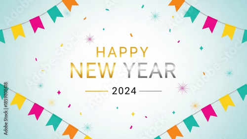 Happy new year 2024 banner with colorful flags and confetti