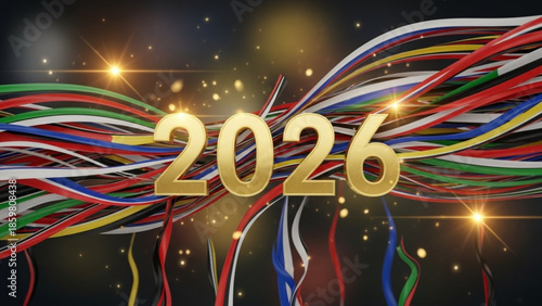 Vibrant 2026 celebration with colorful streamers and gold text