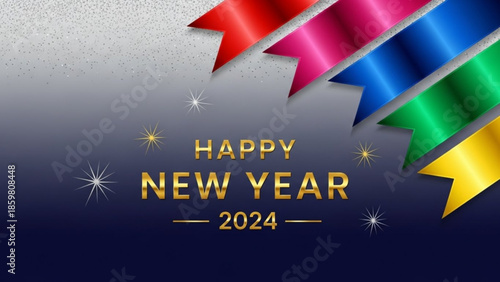 Happy new year 2024 banner with colorful ribbons and stars