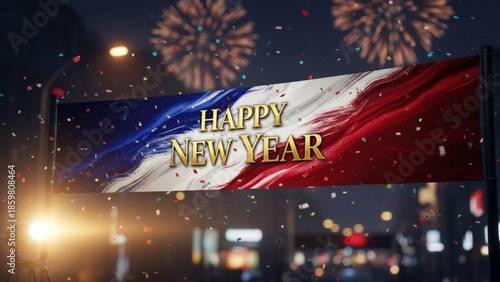 Happy new year banner with french flag colors and fireworks