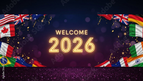 Vibrant new year 2026 celebration with international flags