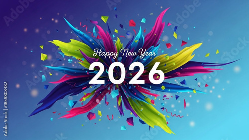 Vibrant new year 2026 celebration with colorful feathers and confetti