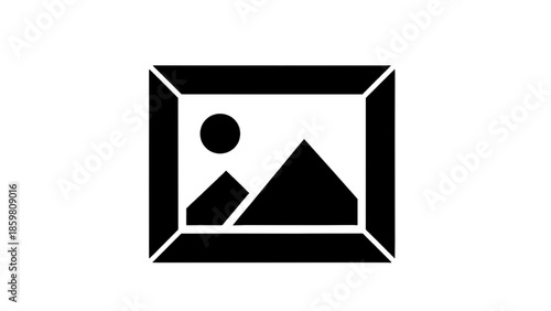 Vector illustration of a modern photo gallery placeholder icon with landscape and sun, on transparent background