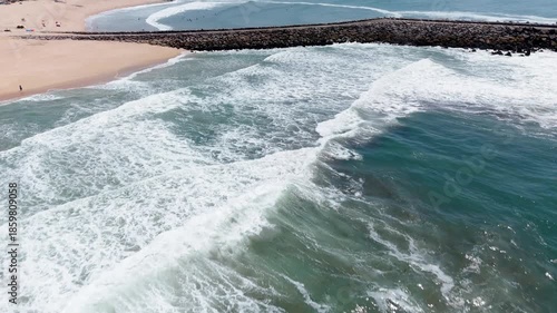 Aerial view of Praia da Baia beach in Espinho Portugal on a sunny summer day