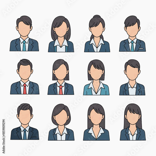 A group of diverse business professionals with various hairstyles and attire are depicted in an illustration.