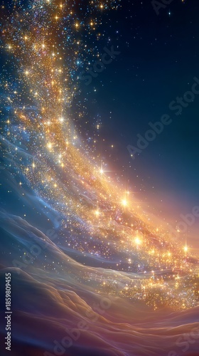 Minimal festive New Year illustration with soft golden highlights, showcasing a dreamy cosmic scene 