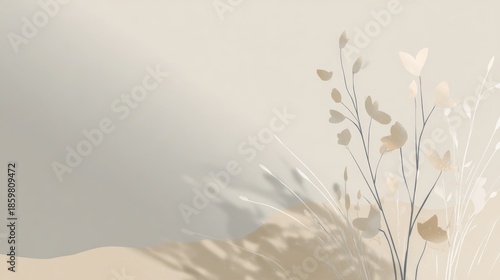 Minimal premium illustration featuring soft shadows in beige and green tones, showcasing delicate foliage against a neutral background with copy space for design purposes