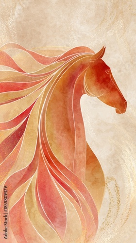 Refined fire horse illustration with smooth flowing lines, showcasing vibrant colors and elegant design, perfect for artistic and decorative purposes with copy space
