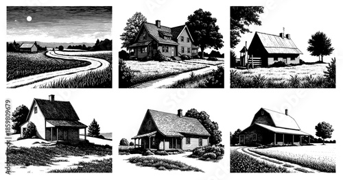 Set of rustic woodcut illustrations of farmhouses and barns in black and white, representing rural life.