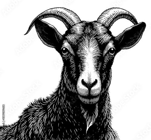 Goat head in a vintage engraving style, black and white vector illustration