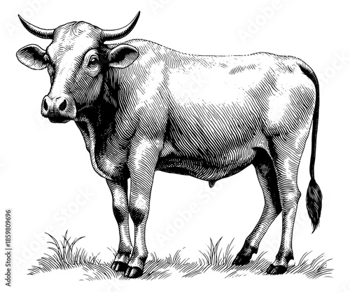Domestic cow standing in grass in a vintage woodcut style