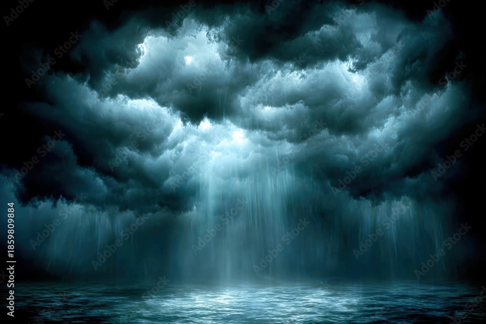 Fototapeta premium Heavy rain and dark clouds over the ocean, dramatic stormy sky