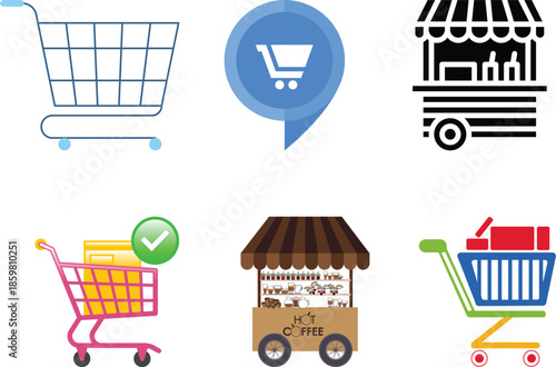 Shopping Cart and Street Coffee Market Stall Vector Icons Set