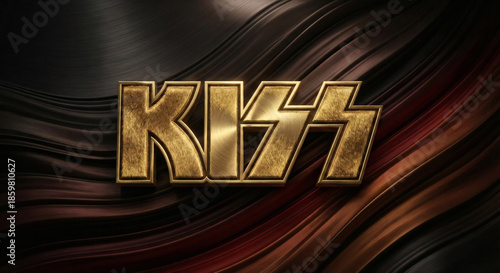 The iconic gold kiss logo shines brilliantly against a dark, dynamic metallic background