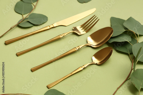 Stylish golden cutlery and eucalyptus branches on green background, closeup © Pixel-Shot