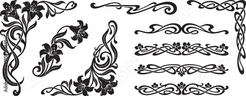 Set of Black Art Nouveau Style Design Elements Comprising Ornate Corner Pieces Horizontal Dividers Floral Accents and Elegant Swirling Lines for Vintage Decoration up to 200 Characters