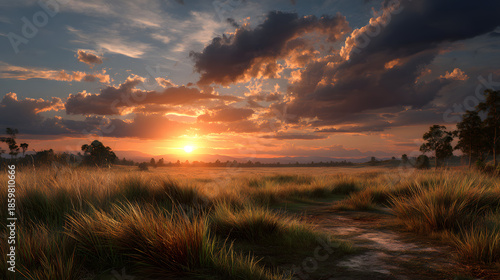 Flat field sunset with warm sun and uncluttered sky 